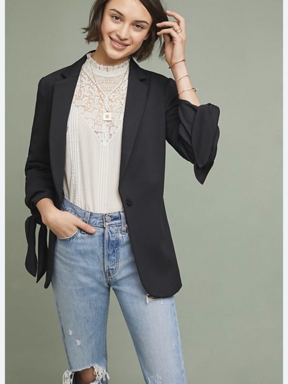 Anthropologie Cartonnier Lloyd Single Button Tie Sleeve Blazer 0 Petite Black